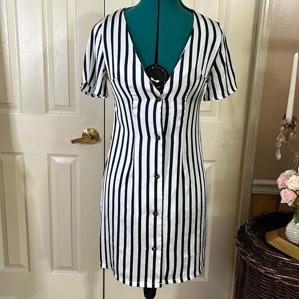Mini button down, blue and white striped, Short sleeve, dress(180)